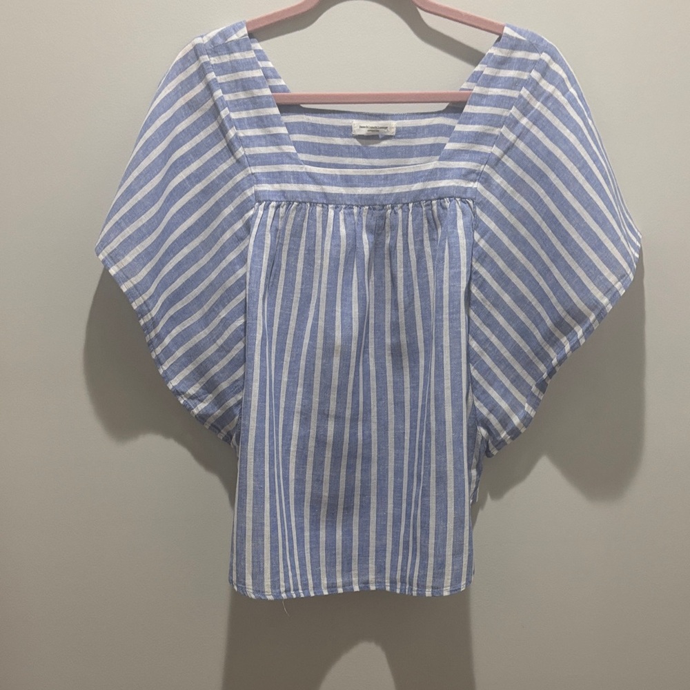 beachlunchlounge Blue and White Striped Blouse.  Linen/cotton blend.